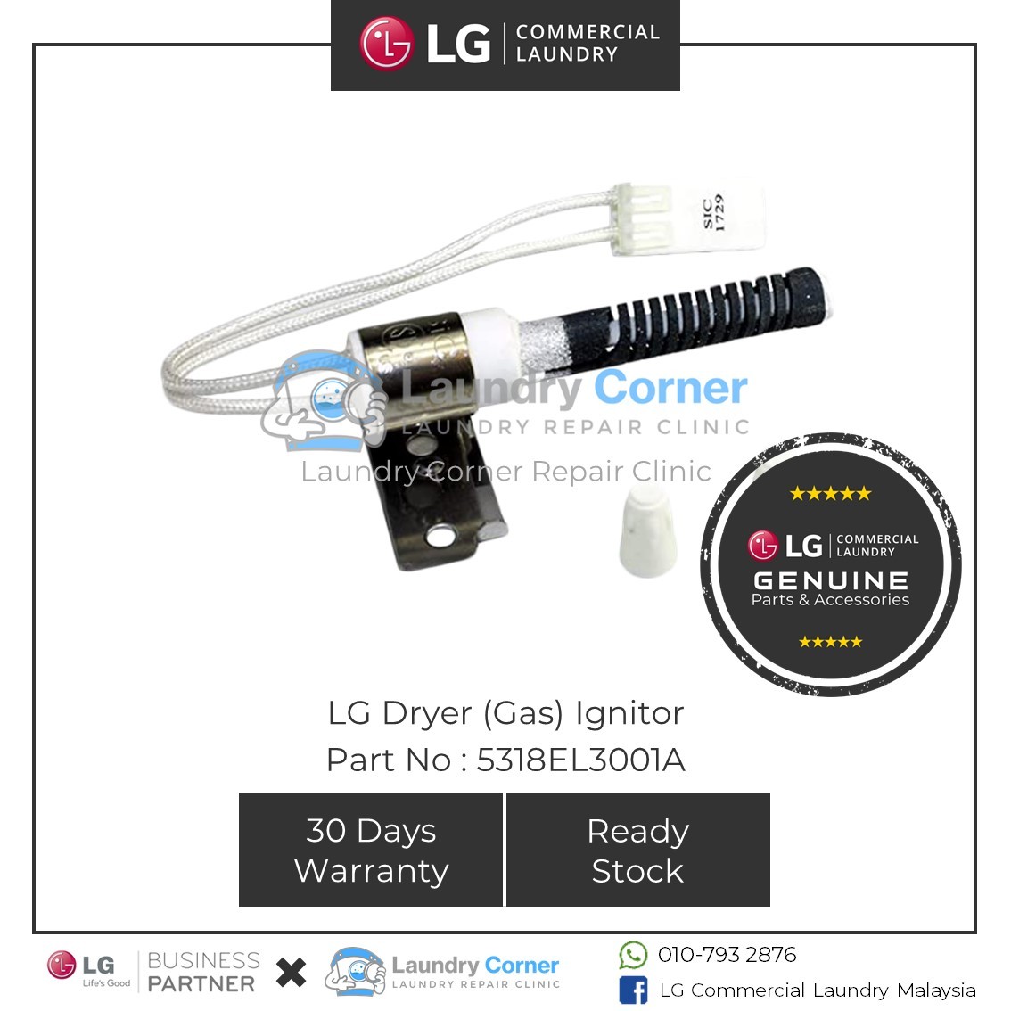 LG Commercial Dryer (Gas) Ignitor RN1329AN7S, RP1329AN7S